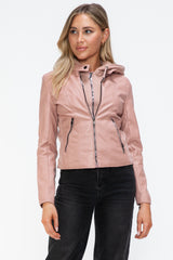 TR-10010086233 Snobbish Faux Leather Zip Up Drawstring Hooded Jacket