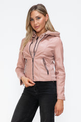 TR-10010086233 Snobbish Faux Leather Zip Up Drawstring Hooded Jacket