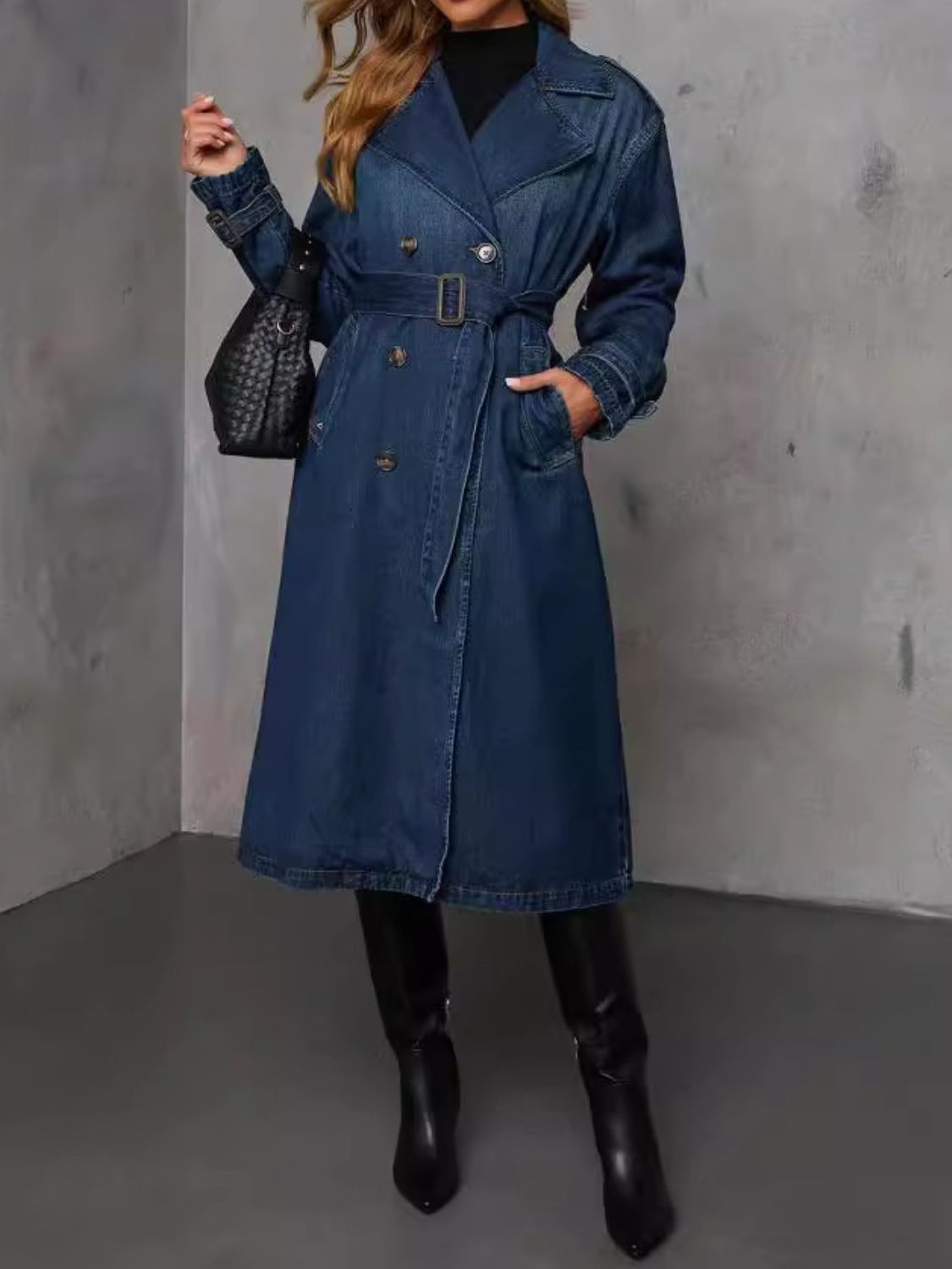 TR-10010068823 Button Up Long Sleeve Longline Denim Jacket