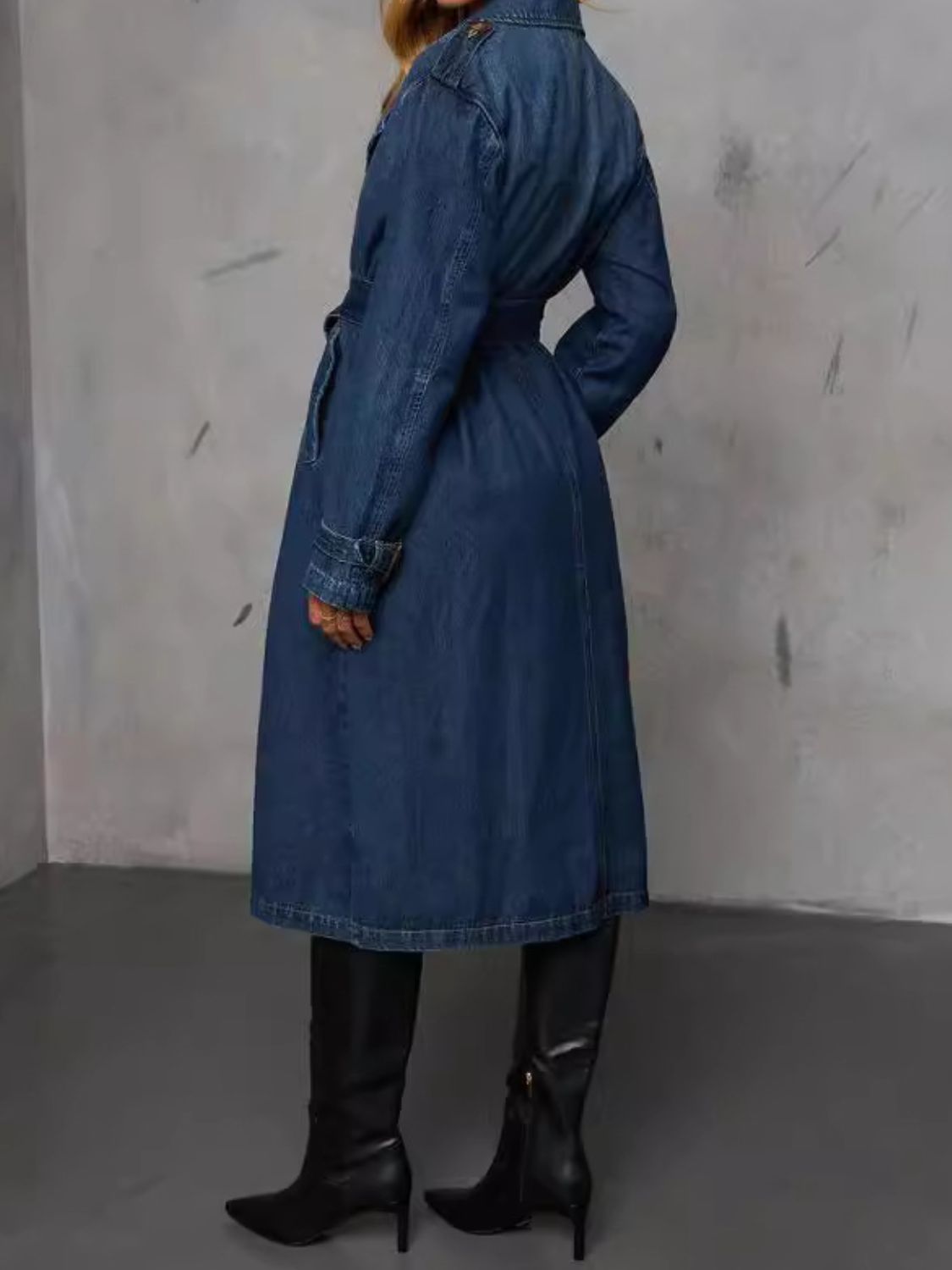 TR-10010068823 Button Up Long Sleeve Longline Denim Jacket