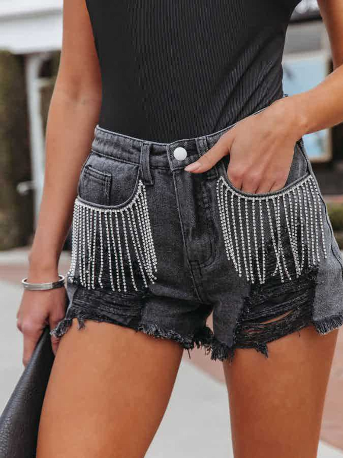 TR-10010059287 Distressed Fringe Denim Shorts with Pockets