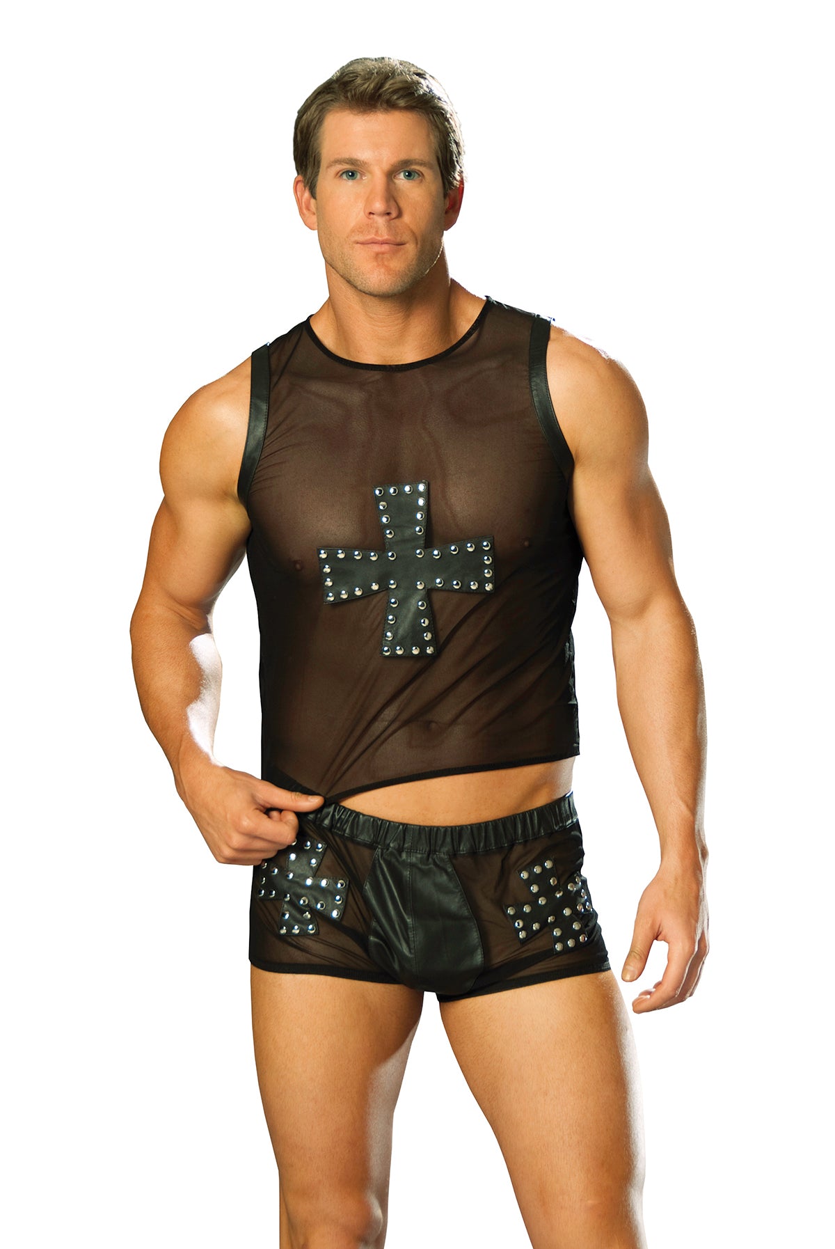 EML9284 Camiseta sin mangas de malla Elegant Moments con cruz de cuero con tachuelas