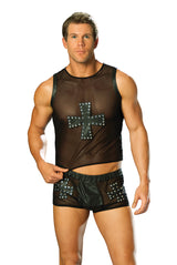 EML9284 Camiseta sin mangas de malla Elegant Moments con cruz de cuero con tachuelas